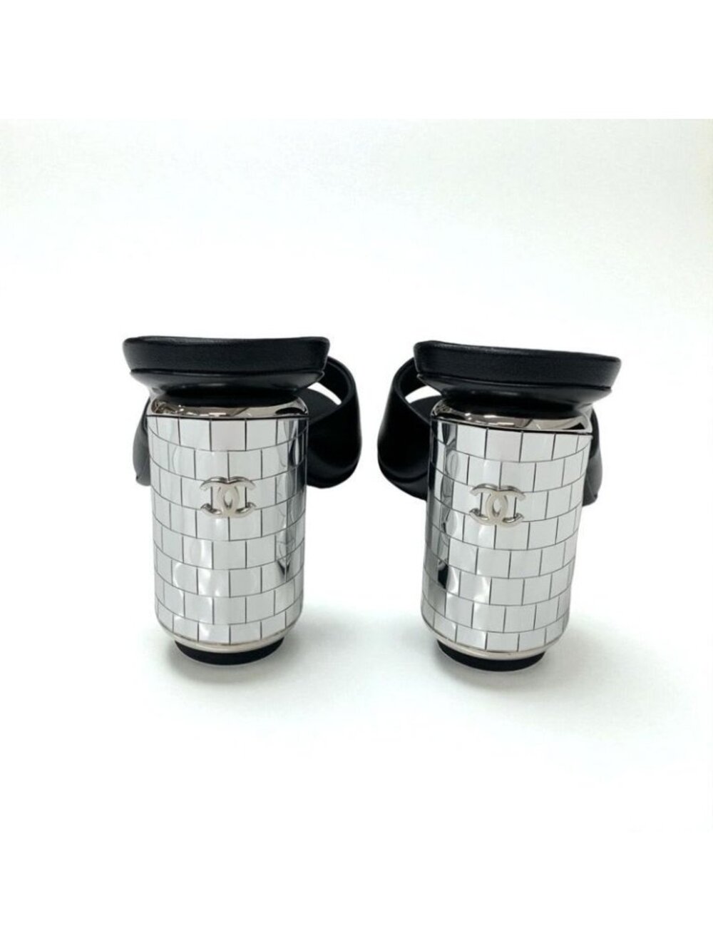 Chanel Sandals Shoes Leather Black Silver Coco Mark - Picture 6 of 10